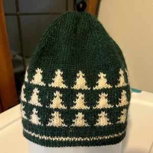 Hand made knit beanie - forest green with off-white trees